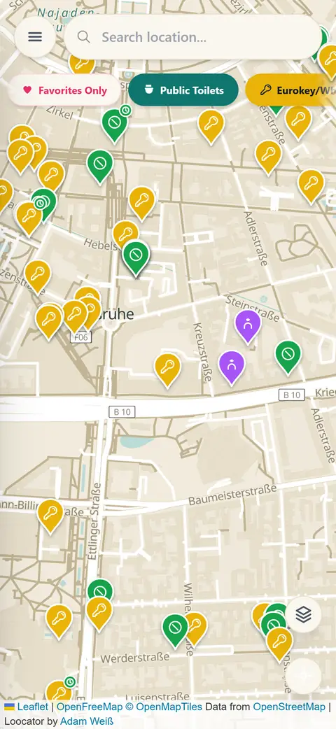 Carte Loocator sur smartphone avec les toilettes à proximité